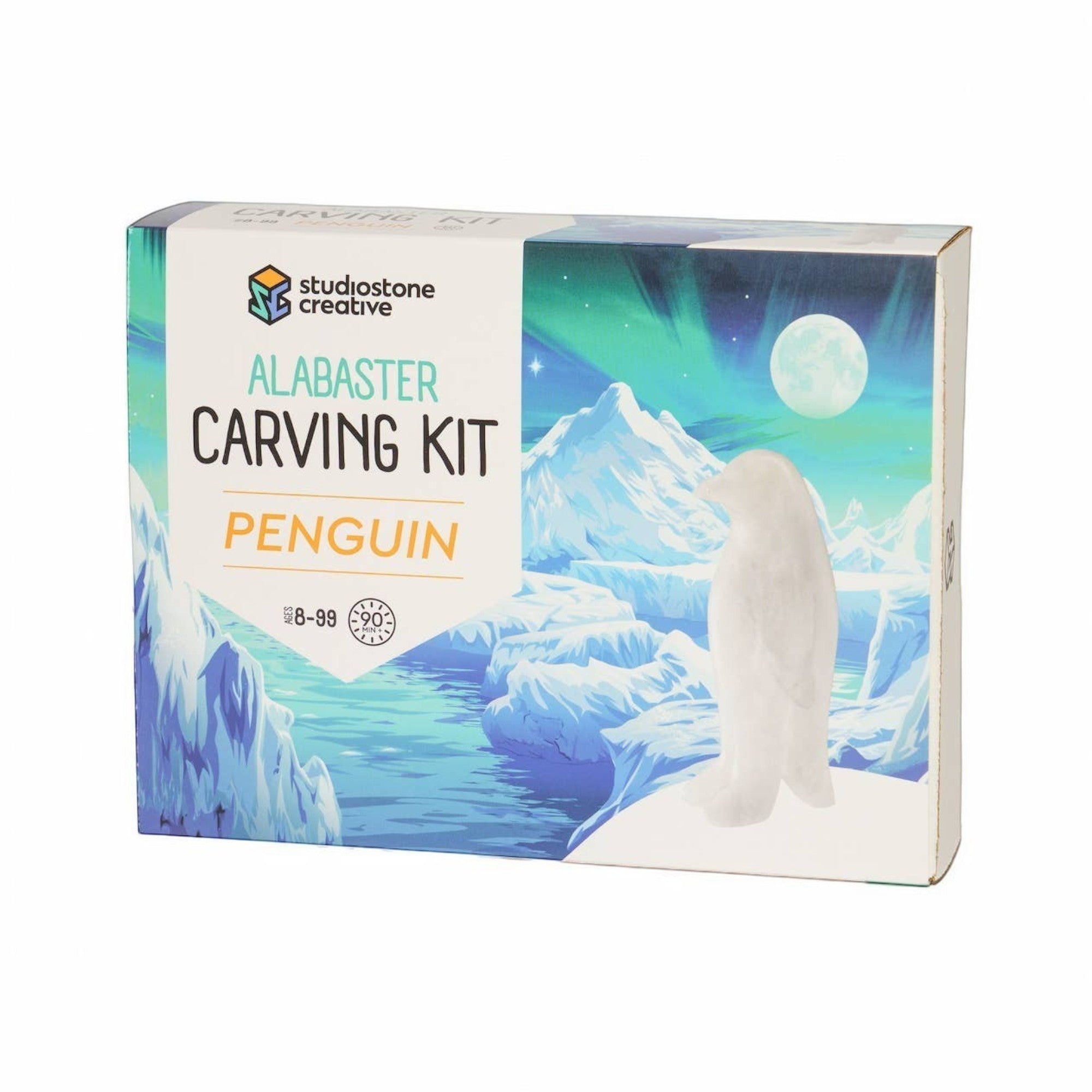 Penguroo® Gifts Inc. Alabaster Penguin Carving Kit for kids aged 8-99. Includes carving tools and polishing materials.