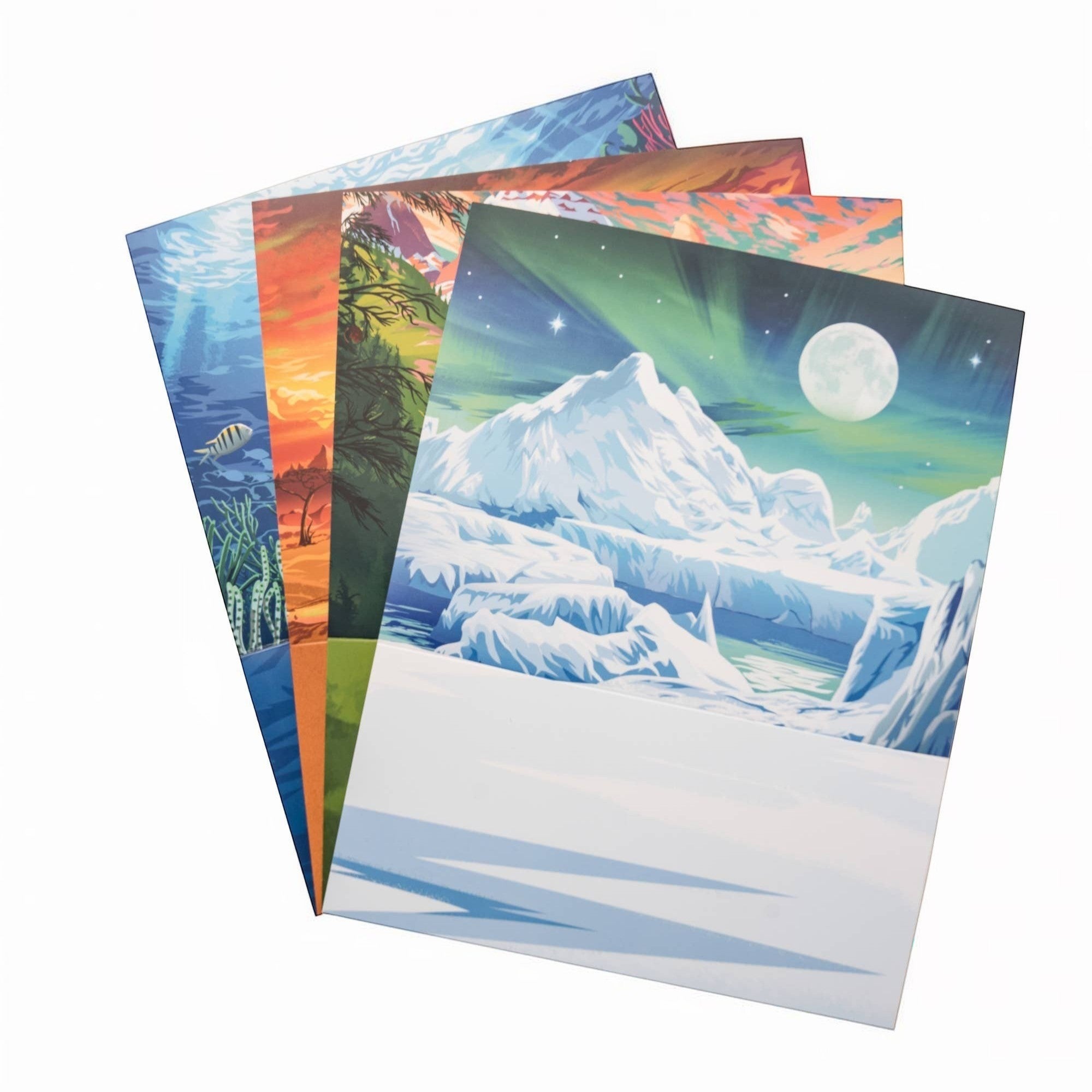 Penguroo® Gifts Inc. set of 4 illustrated art prints featuring arctic, underwater, savanna, and forest landscapes.