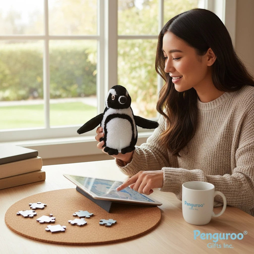 Penguroo® Gifts Inc. black and white plush penguin toy held by a smiling woman near a tablet and puzzle pieces.