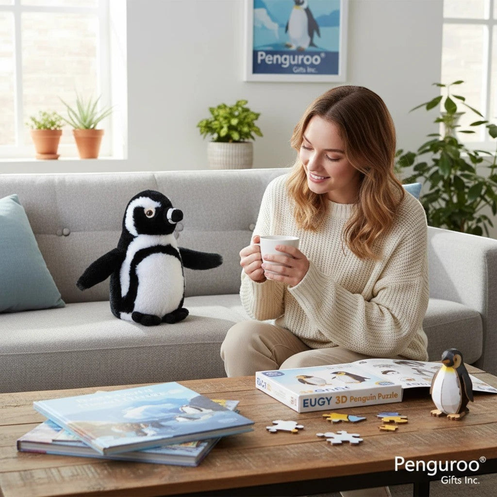 Penguroo® Gifts Inc. black footed penguin plush toy sitting on a couch next to a woman holding a mug.