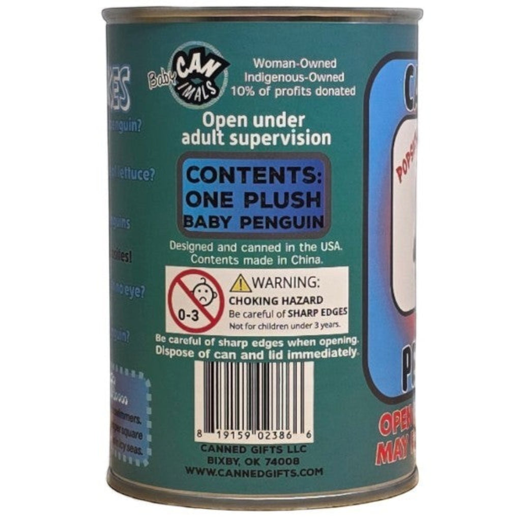 Penguroo® Gifts Inc. Canned Baby Penguin plush toy, 5 inches, sealed in a can with joke book.