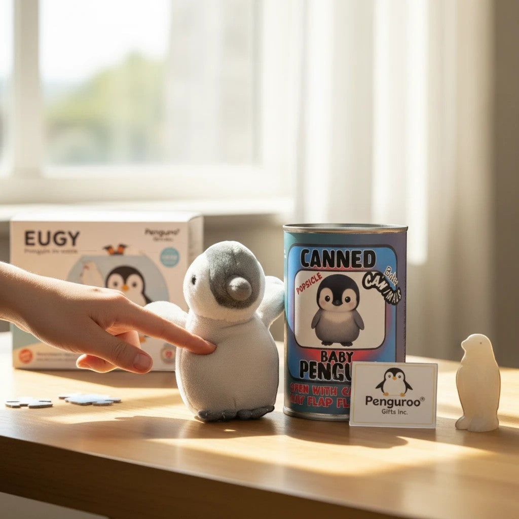 Penguroo® Gifts Inc. Canned Baby Penguin plush toy, 5 inches, grey and white, with joke book can.