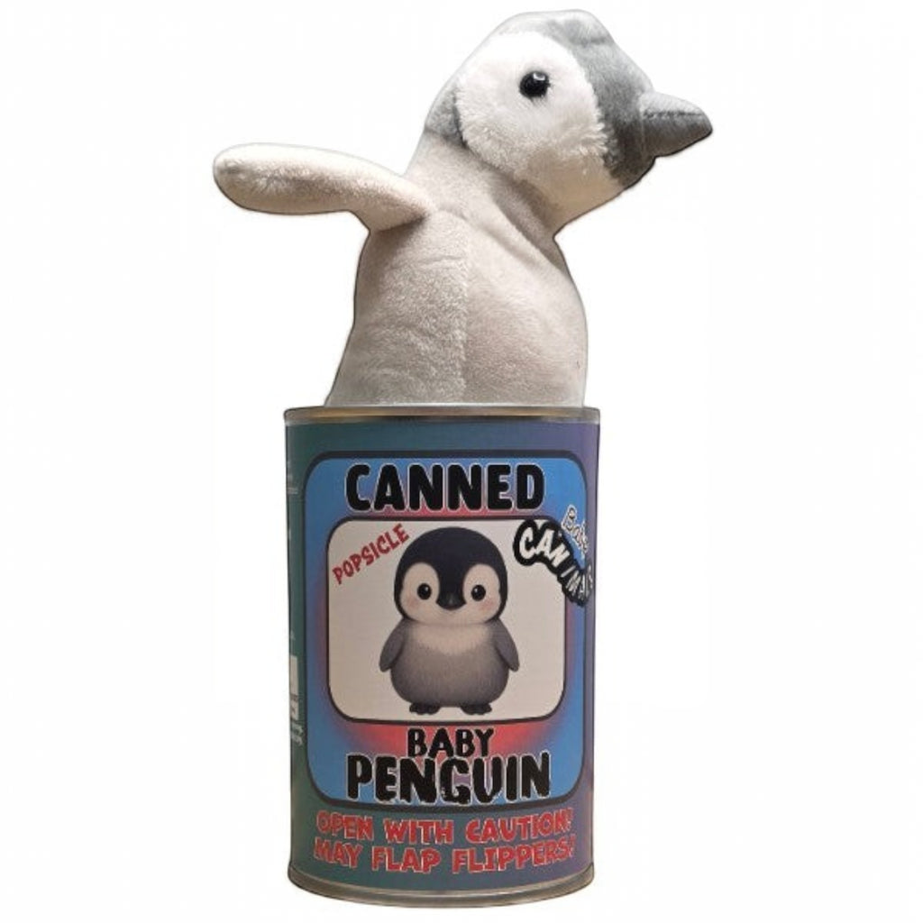 Penguroo® Gifts Inc. plush baby penguin, 5 inches, peeking out of a can with joke book.