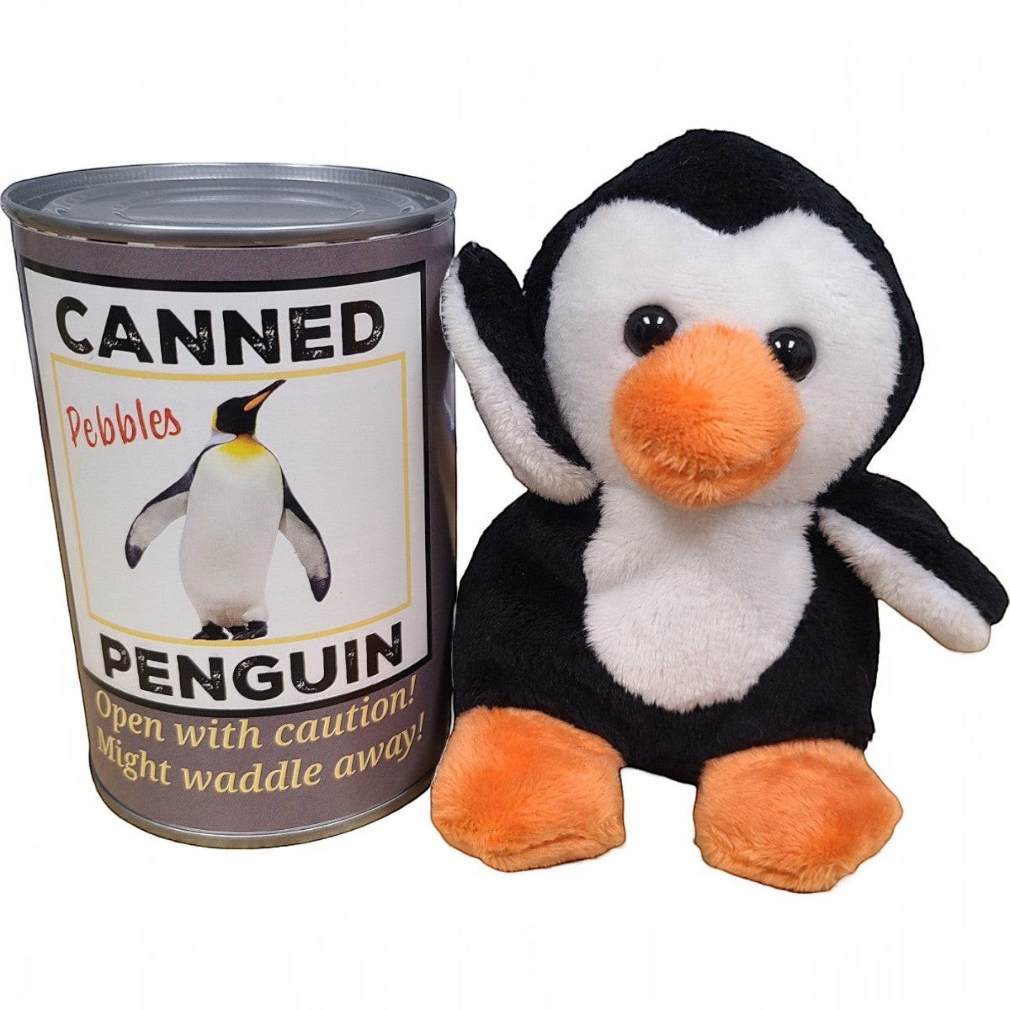 Penguroo® Gifts Inc. Canned Penguin plush toy, black and white with orange beak and feet, next to novelty tin with penguin joke book.