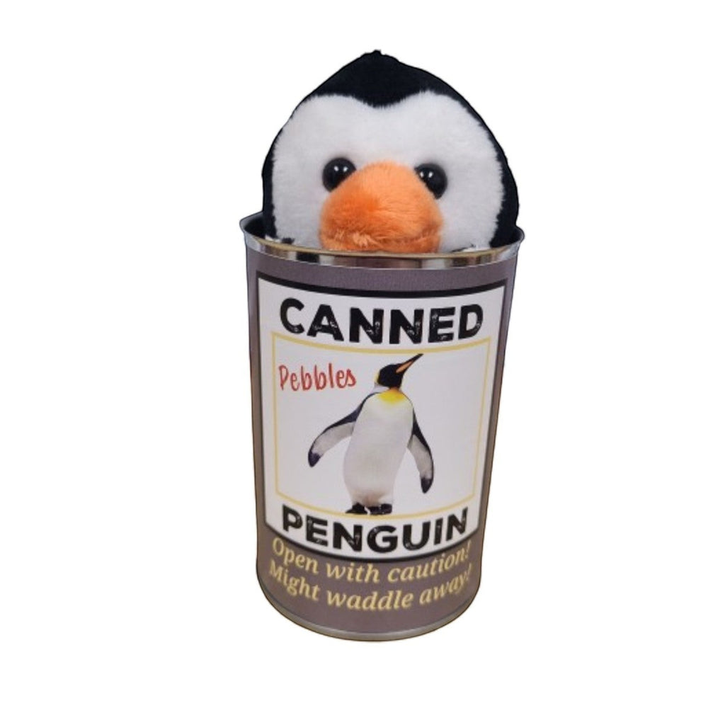 Penguroo® Gifts Inc. Canned Penguin plush toy with orange beak and feet, black and white body, inside a novelty tin with joke book.