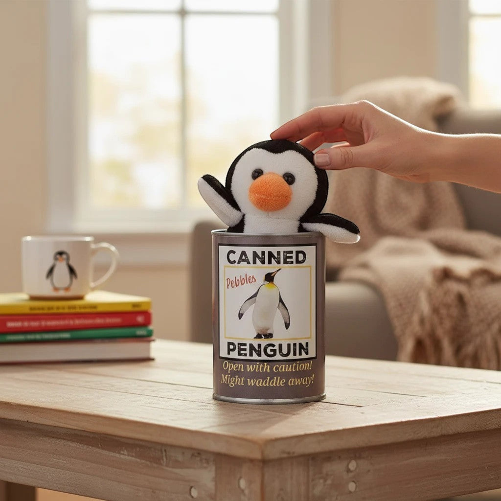 Penguroo® Gifts Inc. Canned Penguin plush toy with orange beak and feet peeking out of a novelty tin with joke book.