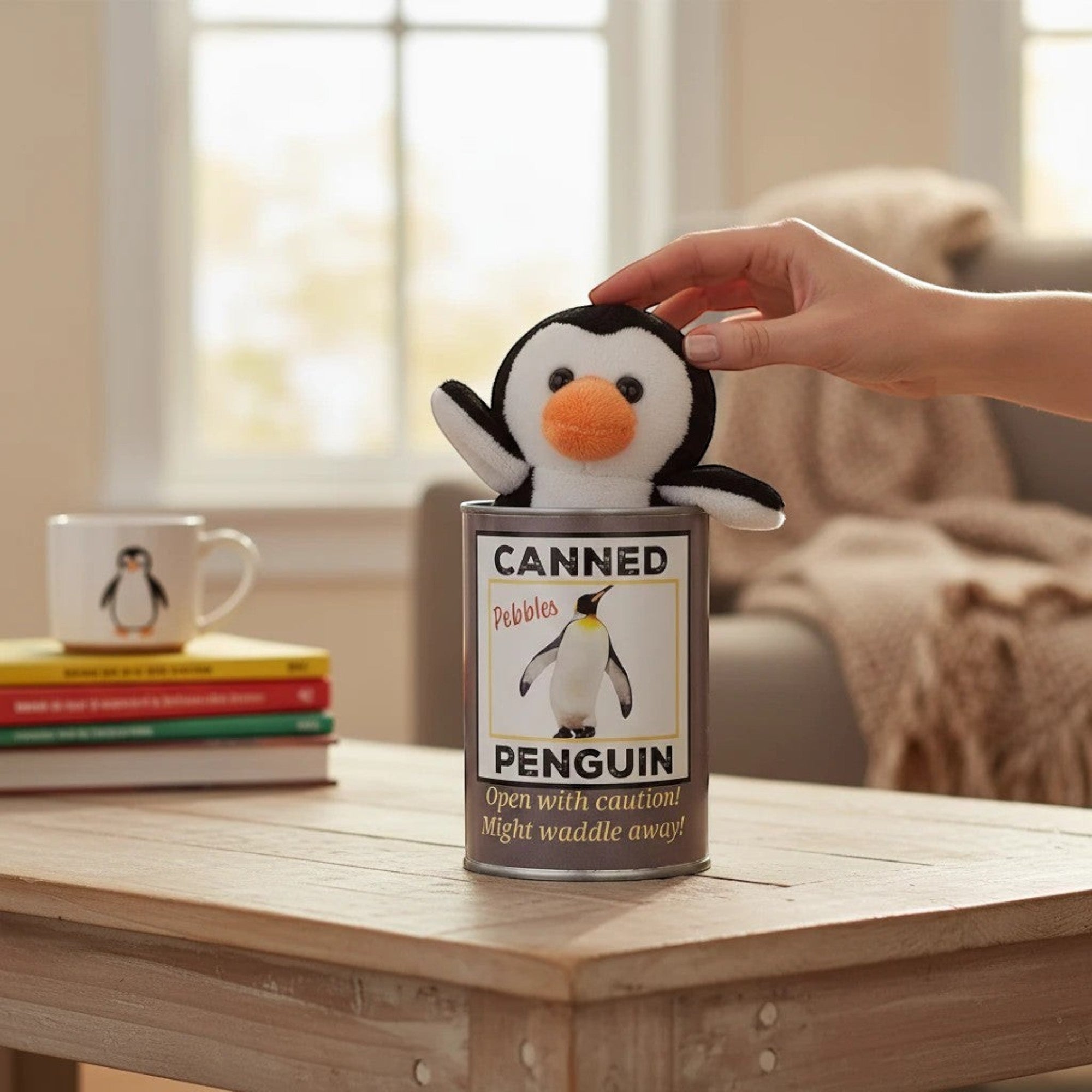 Penguroo® Gifts Inc. Canned Penguin plush toy with orange beak and feet peeking out of a novelty tin with joke book.