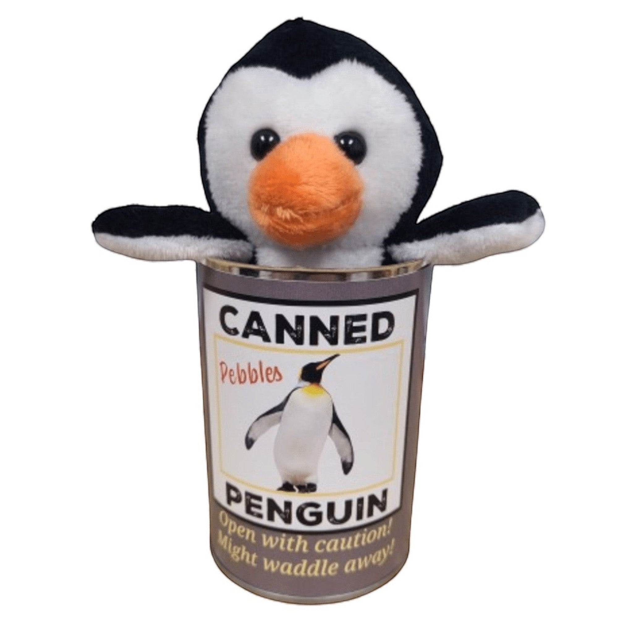 Penguroo® Gifts Inc. plush penguin toy in a novelty tin with jokes and facts. Black, white, and orange.