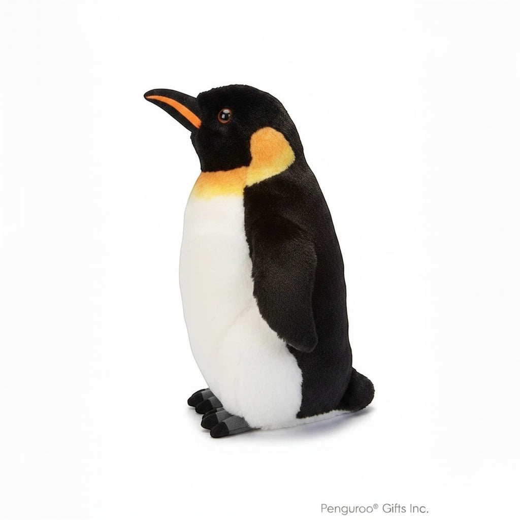 Penguroo® Gifts Inc. realistic emperor penguin plush toy with black, white, and orange markings.
