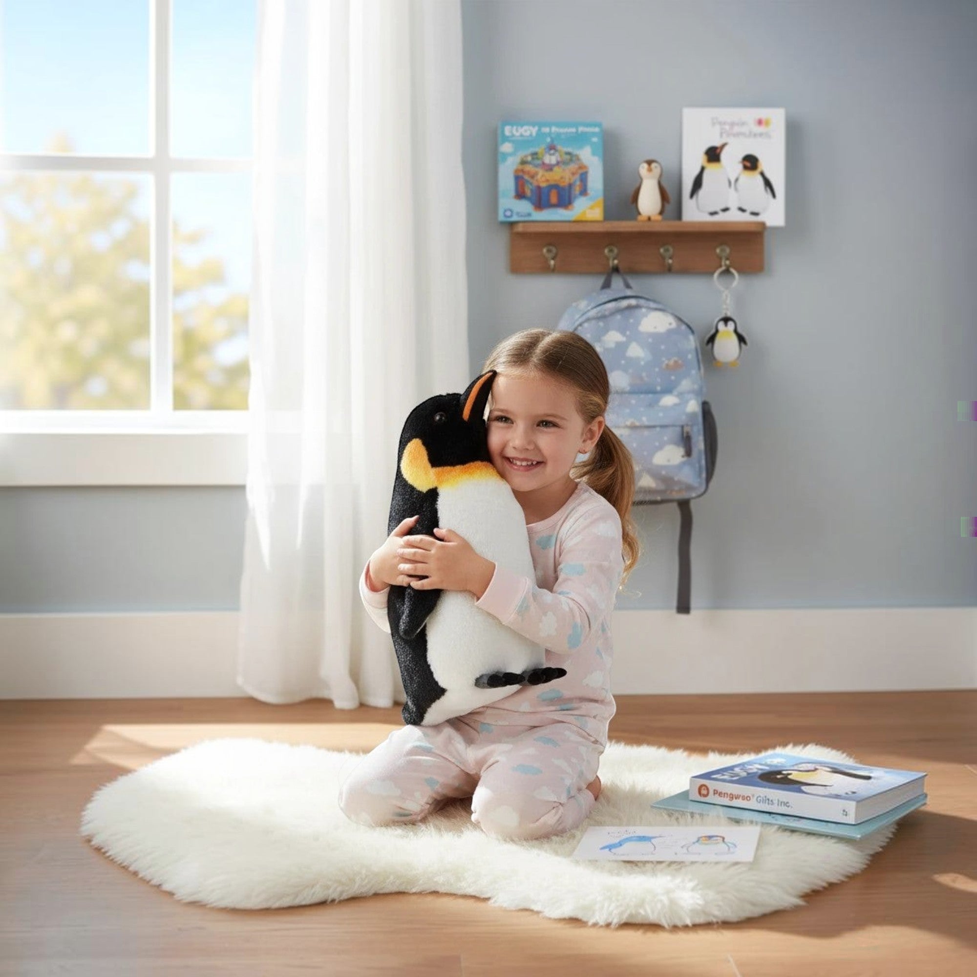 Penguroo® Gifts Inc. emperor penguin plush toy with black, white, and orange markings, held by a smiling child.