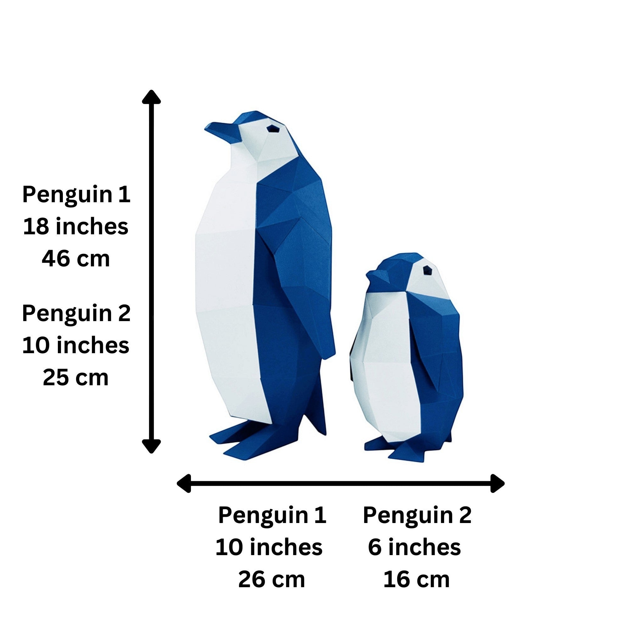 Penguroo® Gifts Inc. set of two geometric penguins, one 18 inches tall, the other 10 inches tall, in blue and white.