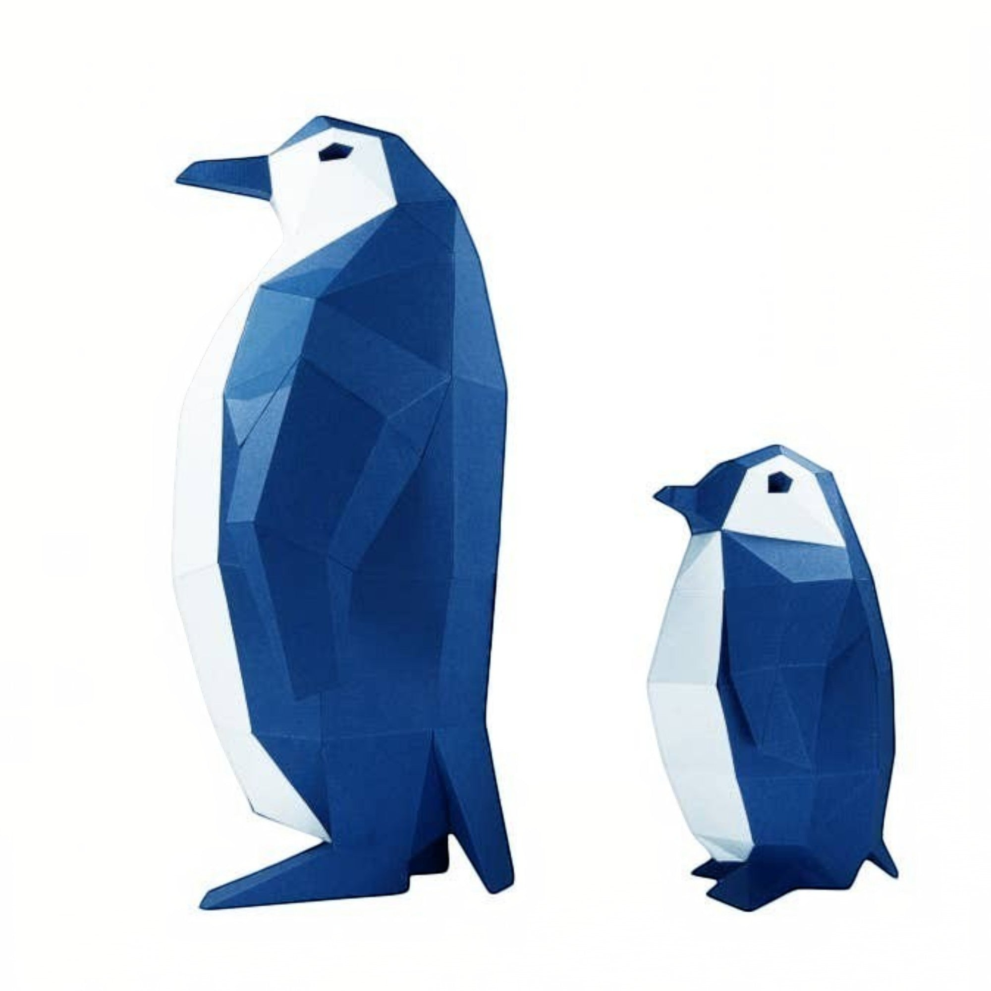 Penguroo® Gifts Inc. set of two geometric penguins, one large and one small, in blue and white with faceted design.