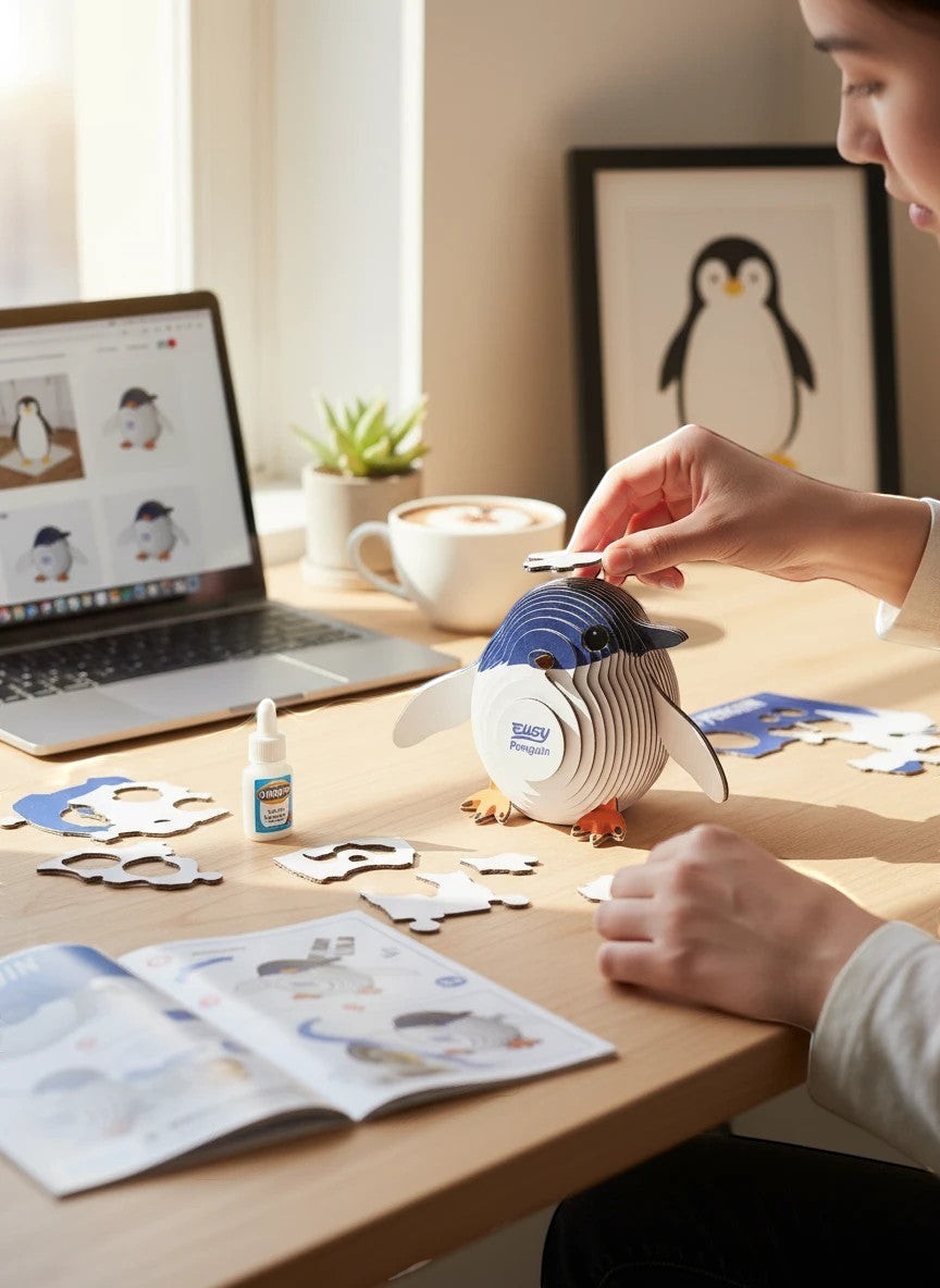 Penguroo® Gifts Inc. 3D cardboard penguin model building kit for kids, featuring pre-cut pieces and instructions.