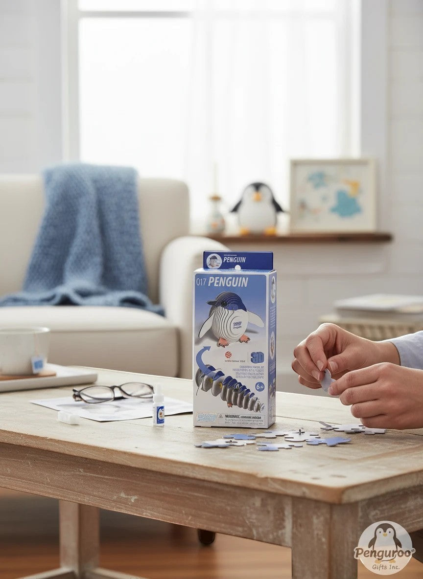 Penguroo® Gifts Inc. Penguin cardboard model building kit for kids, featuring pre-cut pieces and easy assembly. Ages 6+.