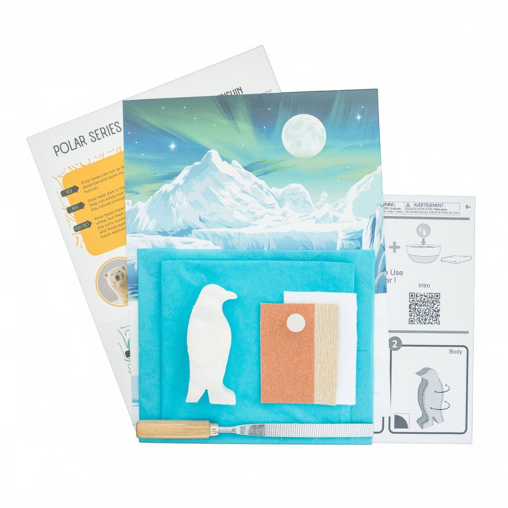 Penguroo® Gifts Inc. Alabaster penguin carving kit for kids includes carving tools, polishing materials, and instructions.