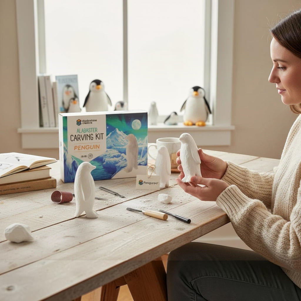 Penguroo® Gifts Inc. Alabaster Penguin Carving Kit for kids, includes tools and materials for sculpting.