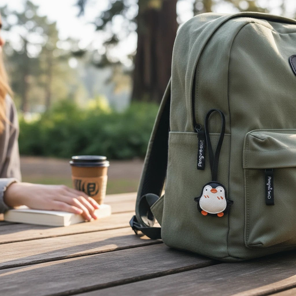 Penguroo® Gifts Inc. black and white faux leather penguin charm accessory with orange feet attached to a green backpack.