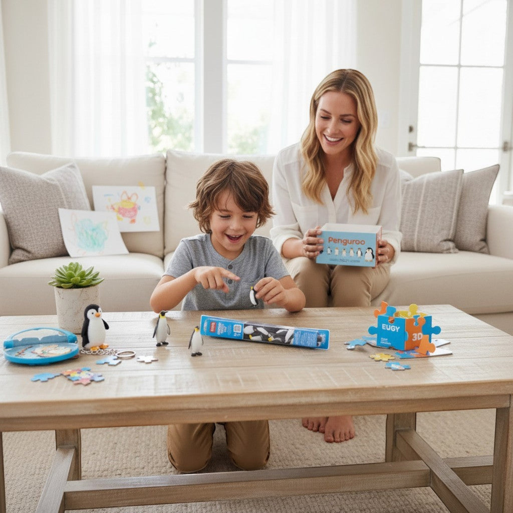 Penguroo® Gifts Inc. child playing with realistic penguin figurines and a 3D puzzle.