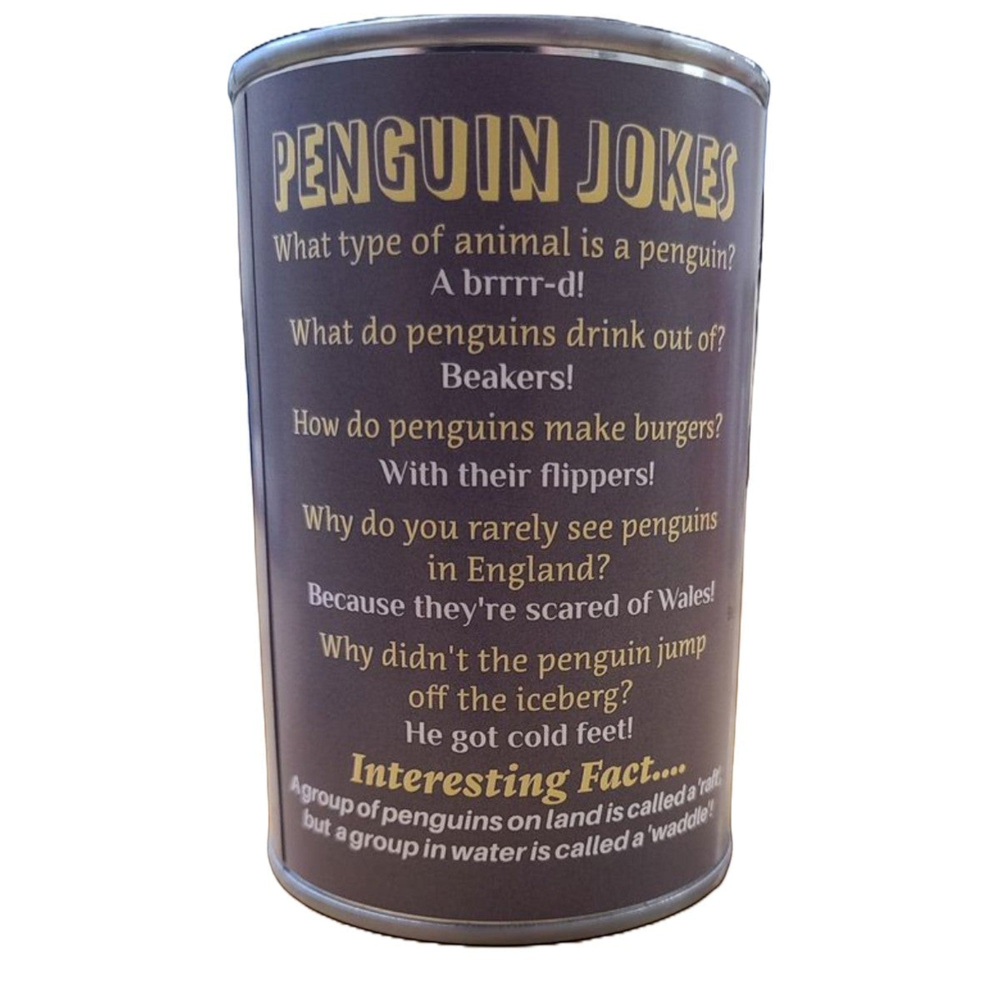 Penguroo® Gifts Inc. novelty tin filled with penguin jokes and facts, featuring a plush penguin toy inside.