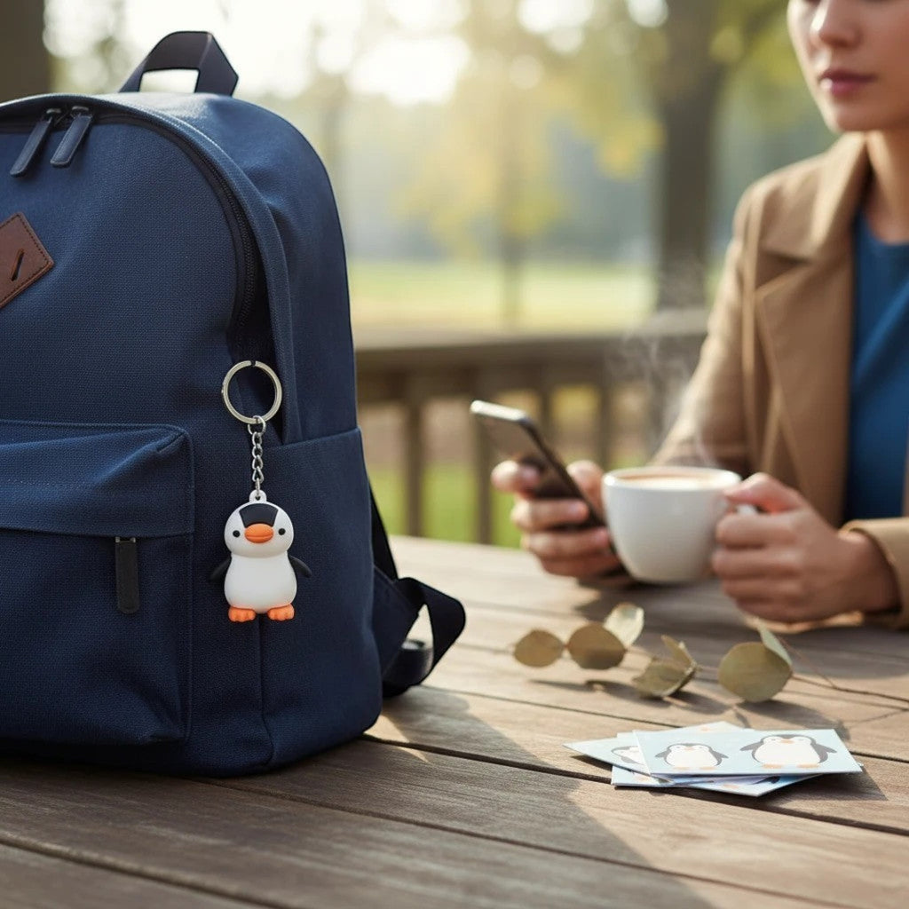 Penguroo® Gifts Inc. cute penguin keychain accessory with orange feet and beak attached to a navy backpack.