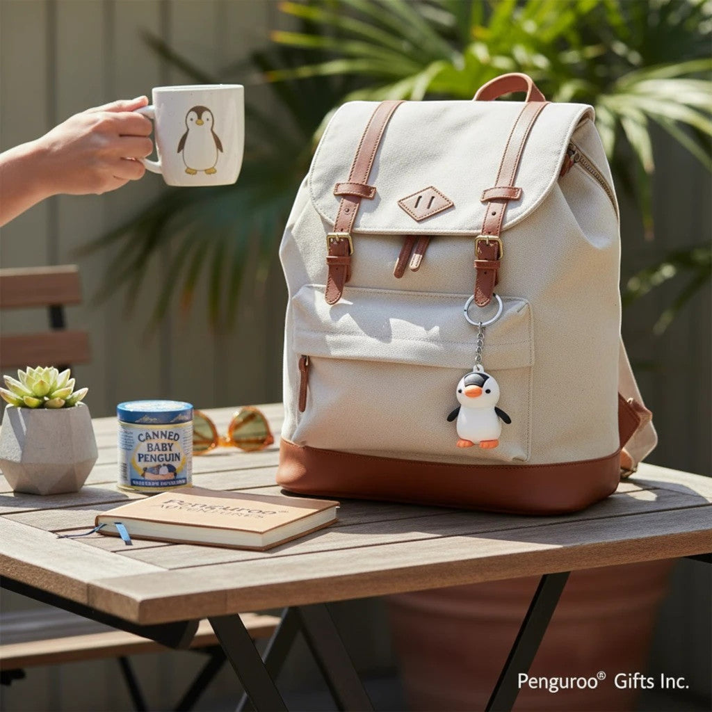 Penguroo® Gifts Inc. cute penguin keychain with orange feet and beak attached to a canvas backpack.