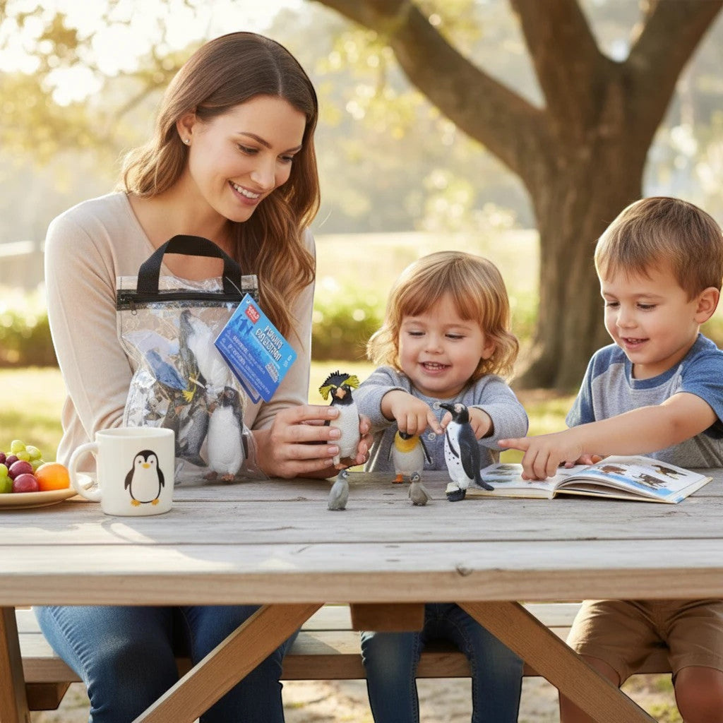 Penguroo® Gifts Inc. mother and children playing with penguin toy figures at a picnic table.