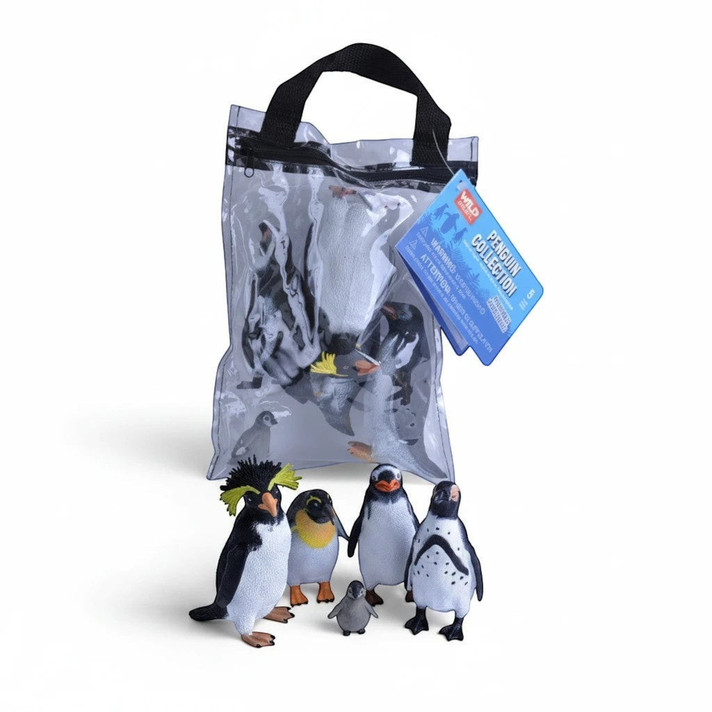 Penguroo® Gifts Inc. Polybag Zip Penguin toy set featuring 5 assorted penguin figures and a clear zippered bag. Includes a crested penguin, emperor penguin, and baby penguin.