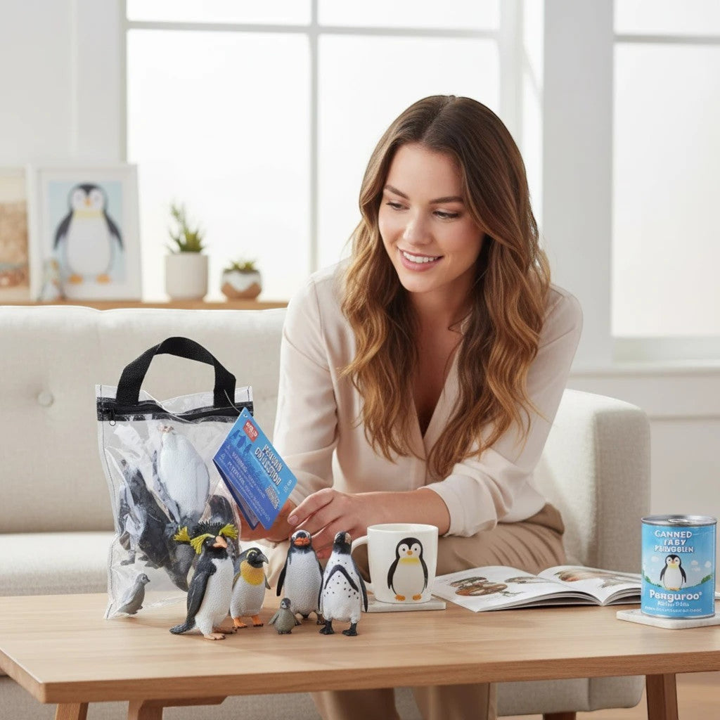 Penguroo® Gifts Inc. Polybag Zip Penguin toy set with 6 assorted penguin figures and a mug, displayed on a coffee table.
