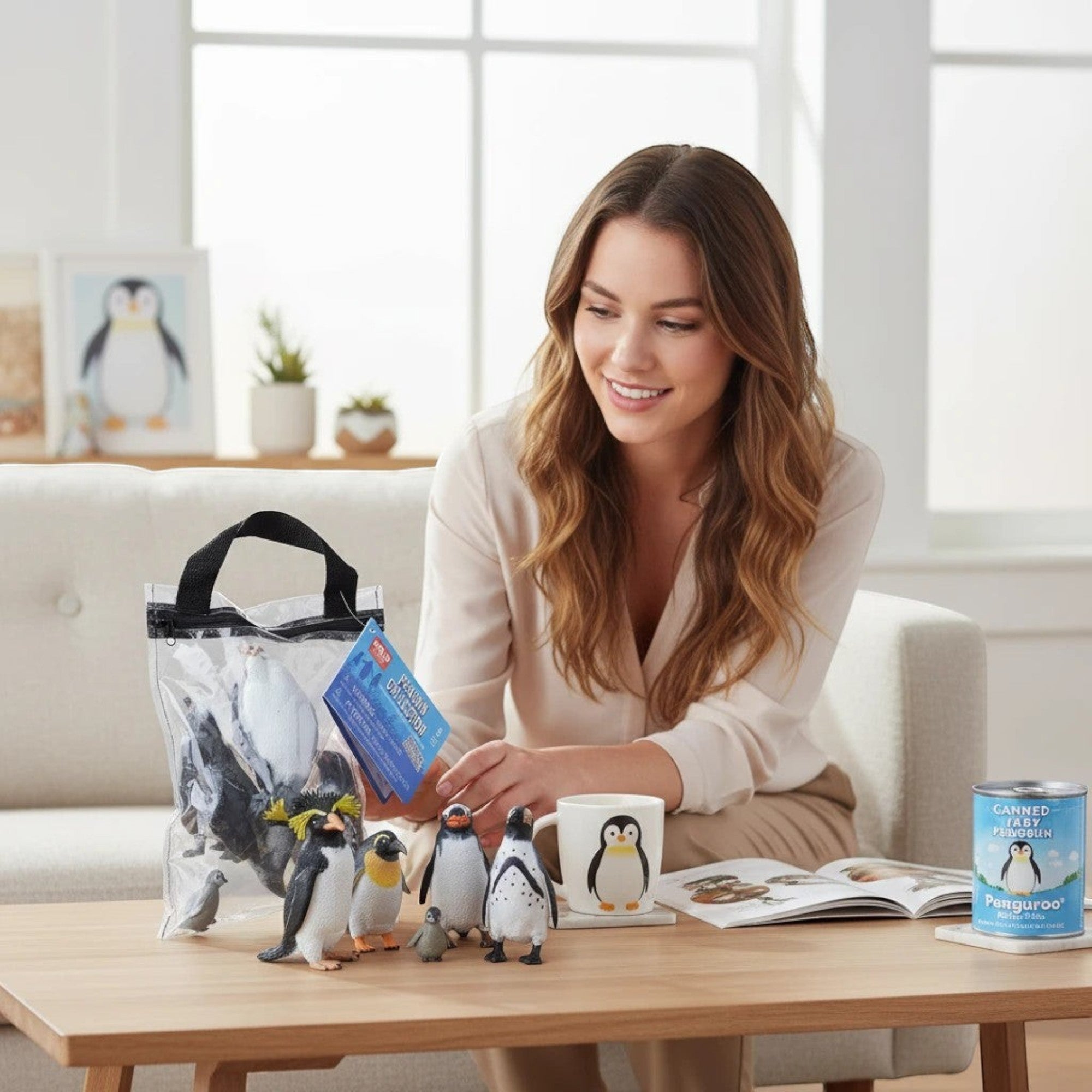 Penguroo® Gifts Inc. Polybag Zip Penguin toy set with 6 assorted penguin figures and a mug, displayed on a coffee table.