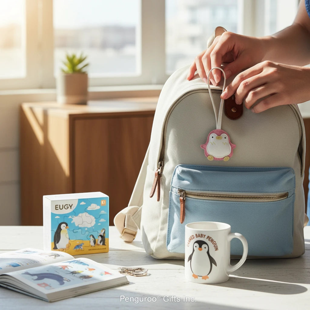 Penguroo® Gifts Inc. pink faux leather penguin keychain with white belly and yellow beak attached to a backpack.