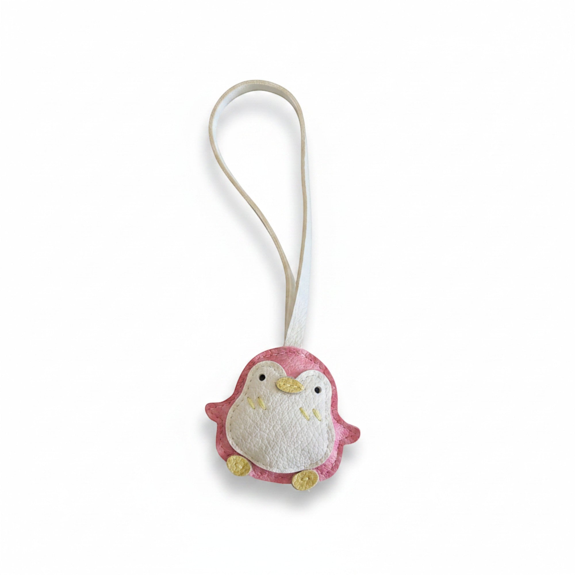 Penguroo® Gifts Inc. pink faux leather penguin keychain with white belly and yellow beak.
