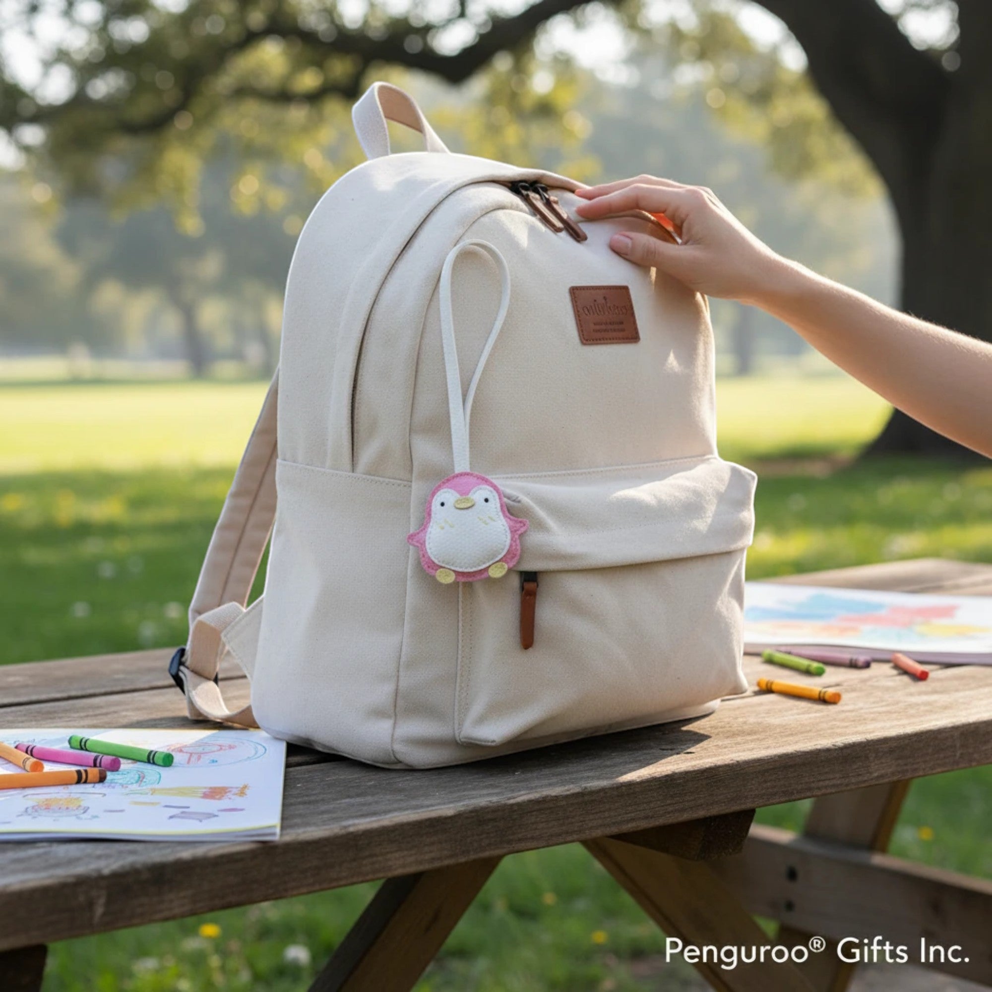 Penguroo® Gifts Inc. pink faux leather penguin keychain with white belly and yellow beak, attached to a cream backpack.