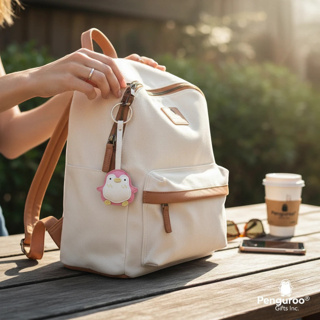 Penguroo® Gifts Inc. pink penguin keychain with white belly and yellow beak attached to a cream backpack.