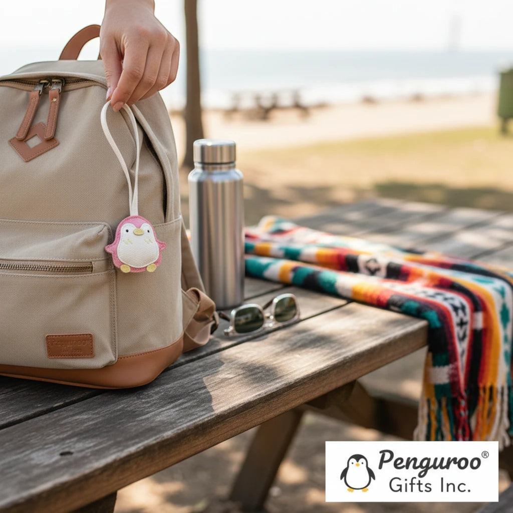 Penguroo® Gifts Inc. pink faux leather penguin keychain with white belly and yellow beak attached to a backpack.
