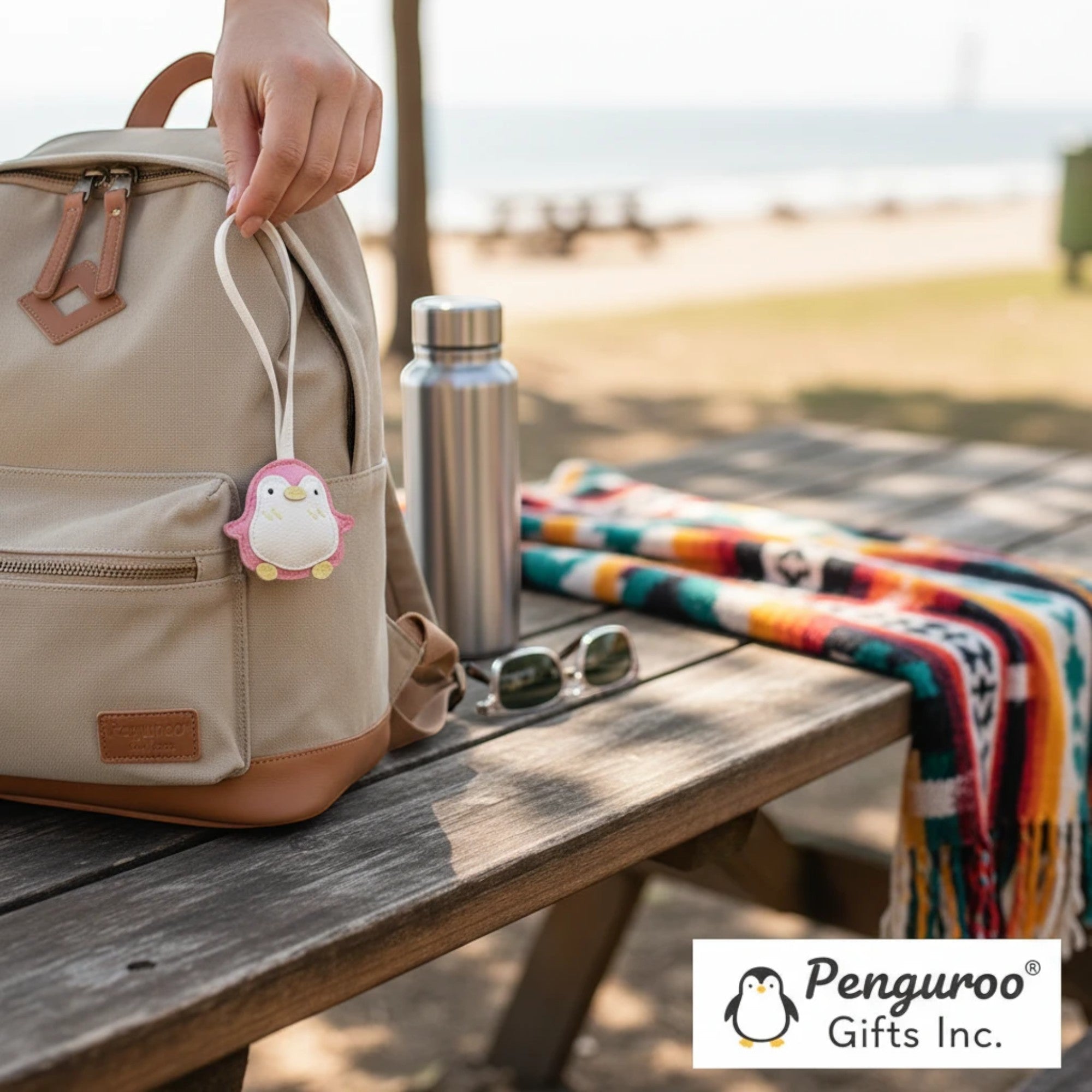 Penguroo® Gifts Inc. pink faux leather penguin keychain with white belly and yellow beak attached to a backpack.