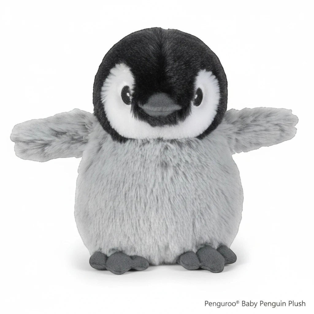 Penguroo Gifts Inc. plush baby penguin toy, black and white with grey belly, soft fuzzy texture, outstretched wings.