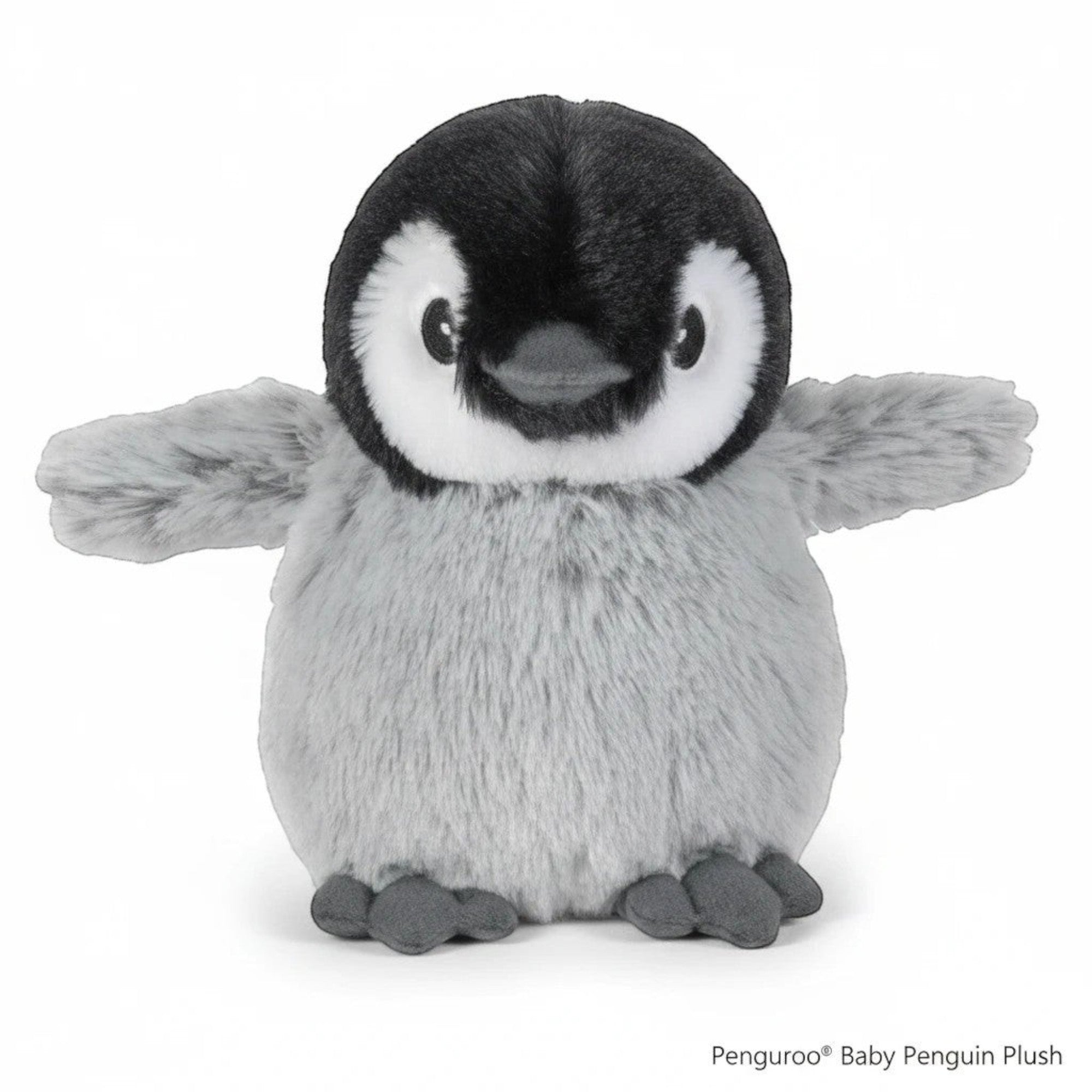 Penguroo Gifts Inc. plush baby penguin toy, black and white with grey belly, soft fuzzy texture, outstretched wings.