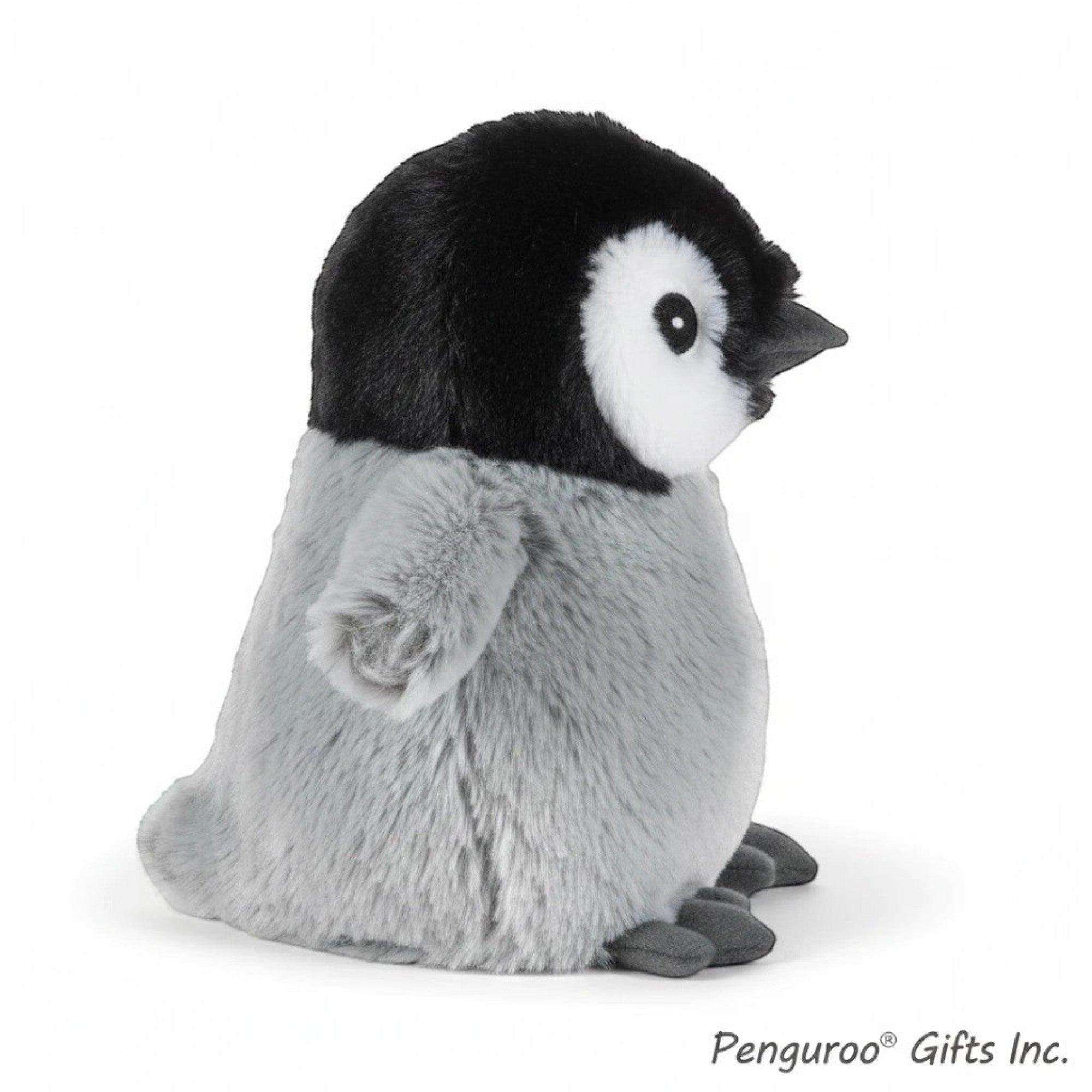 Penguroo® Gifts Inc. plush penguin stuffed animal toy, black and grey with white face and fuzzy texture.