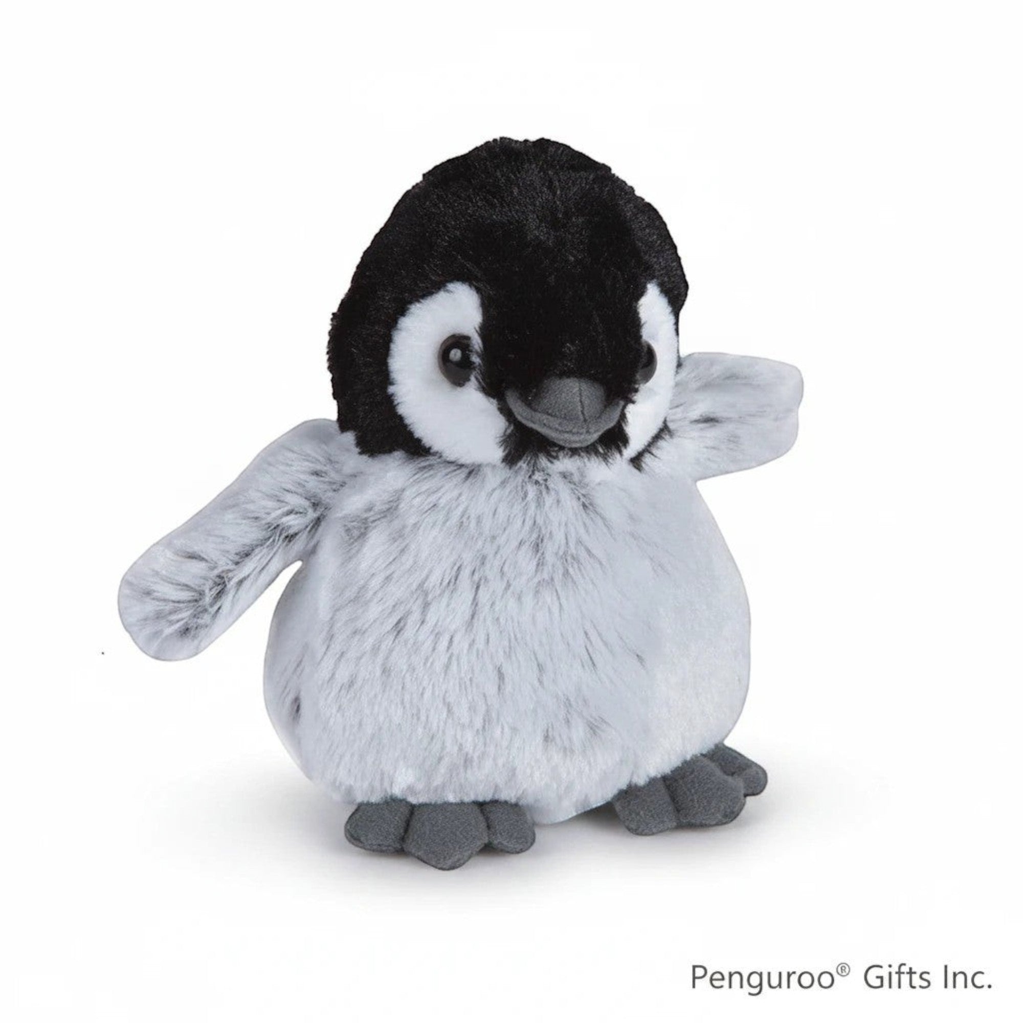 Penguroo® Gifts Inc. plush penguin stuffed animal toy, black and white with grey fluffy belly, soft and cuddly.
