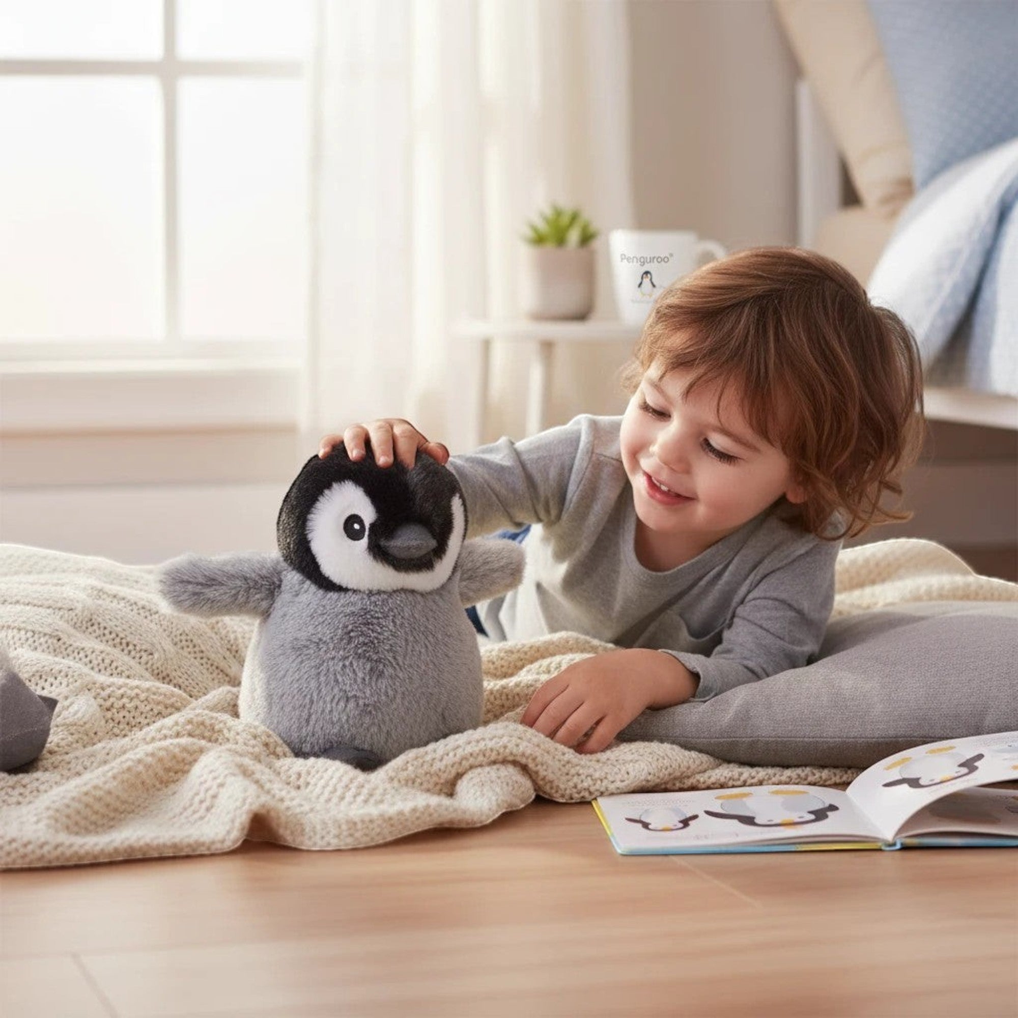 Penguroo® Gifts Inc. plush penguin stuffed animal toy, black and white with grey belly, soft and cuddly.
