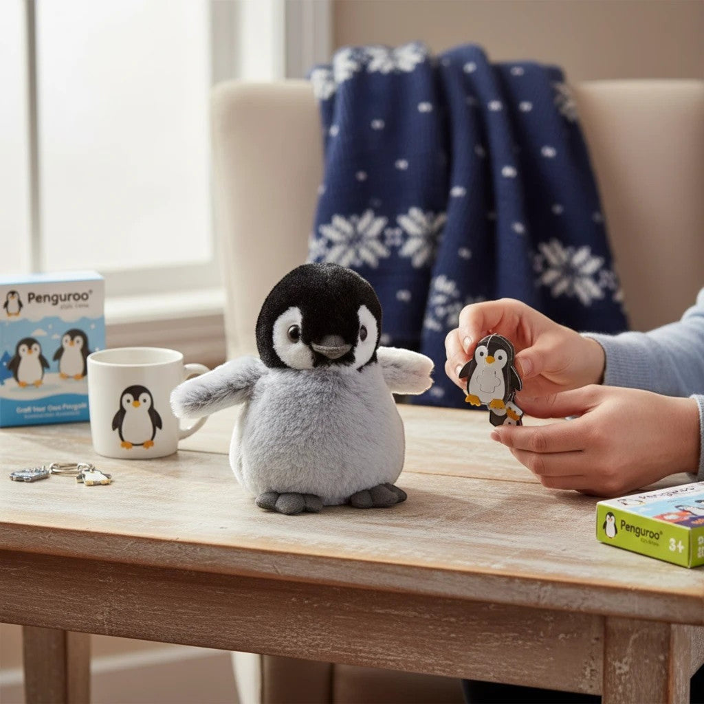 Penguroo® Gifts Inc. plush penguin stuffed animal toy with grey fluffy belly and black and white tuxedo markings.