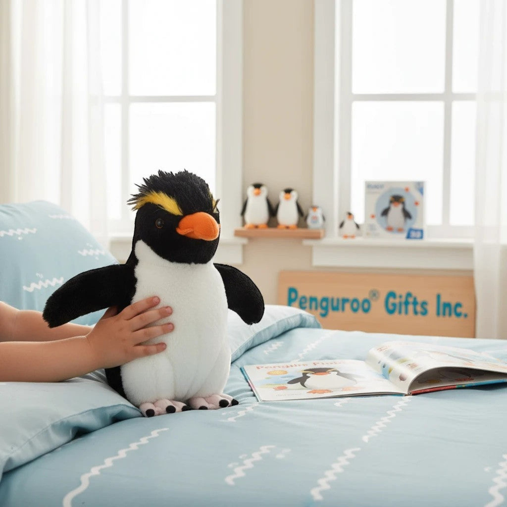 Penguroo Gifts Inc. plush penguin toy with black and white body, orange beak, and yellow crest, held by child on a bed.