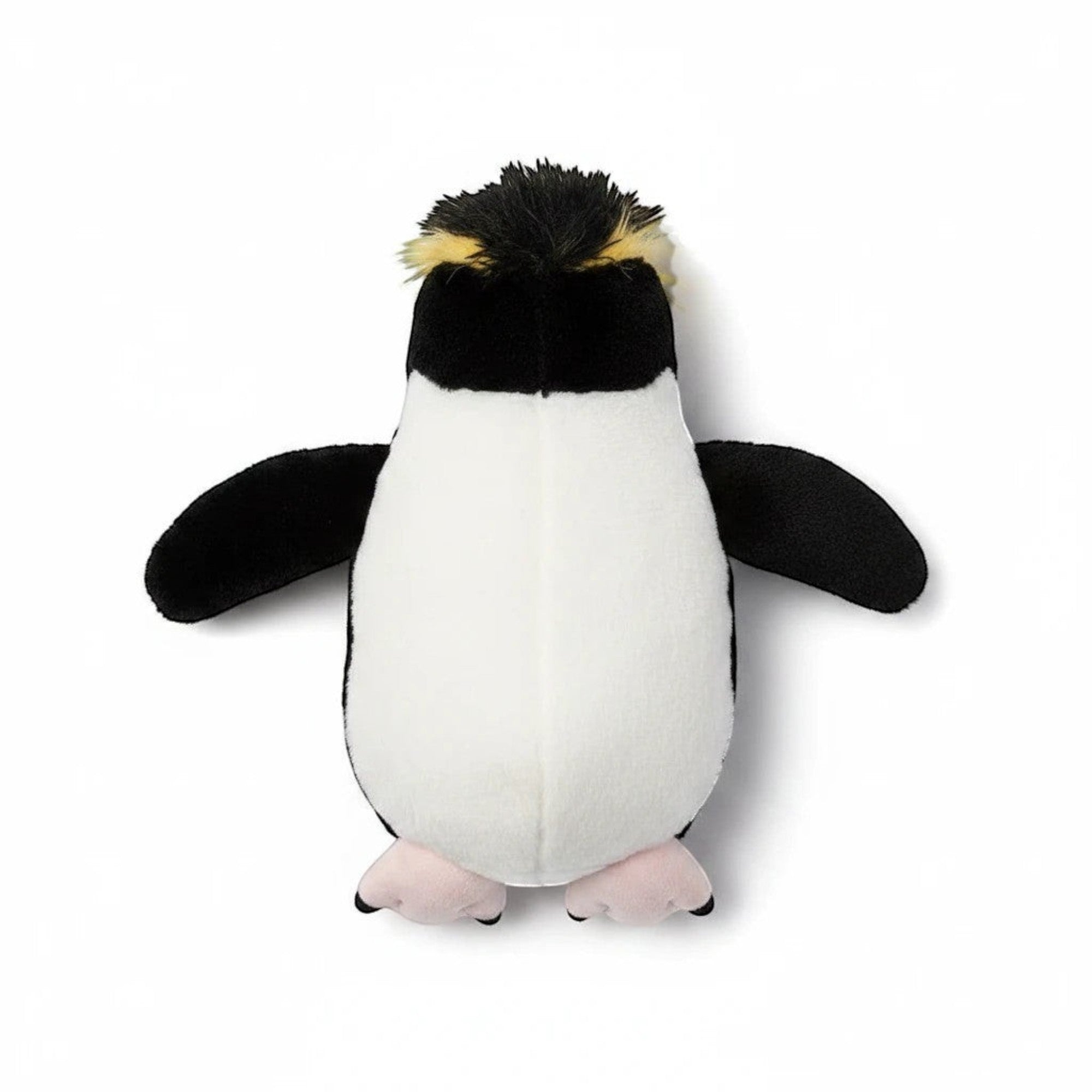 Penguroo® Gifts Inc. plush penguin stuffed animal toy, black and white with yellow crest, orange beak, and pink feet.
