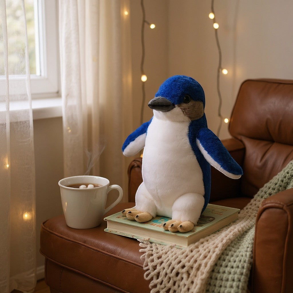 Penguroo® Gifts Inc. plush penguin toy in blue and white, with grey beak and black eyes, sitting on a book.