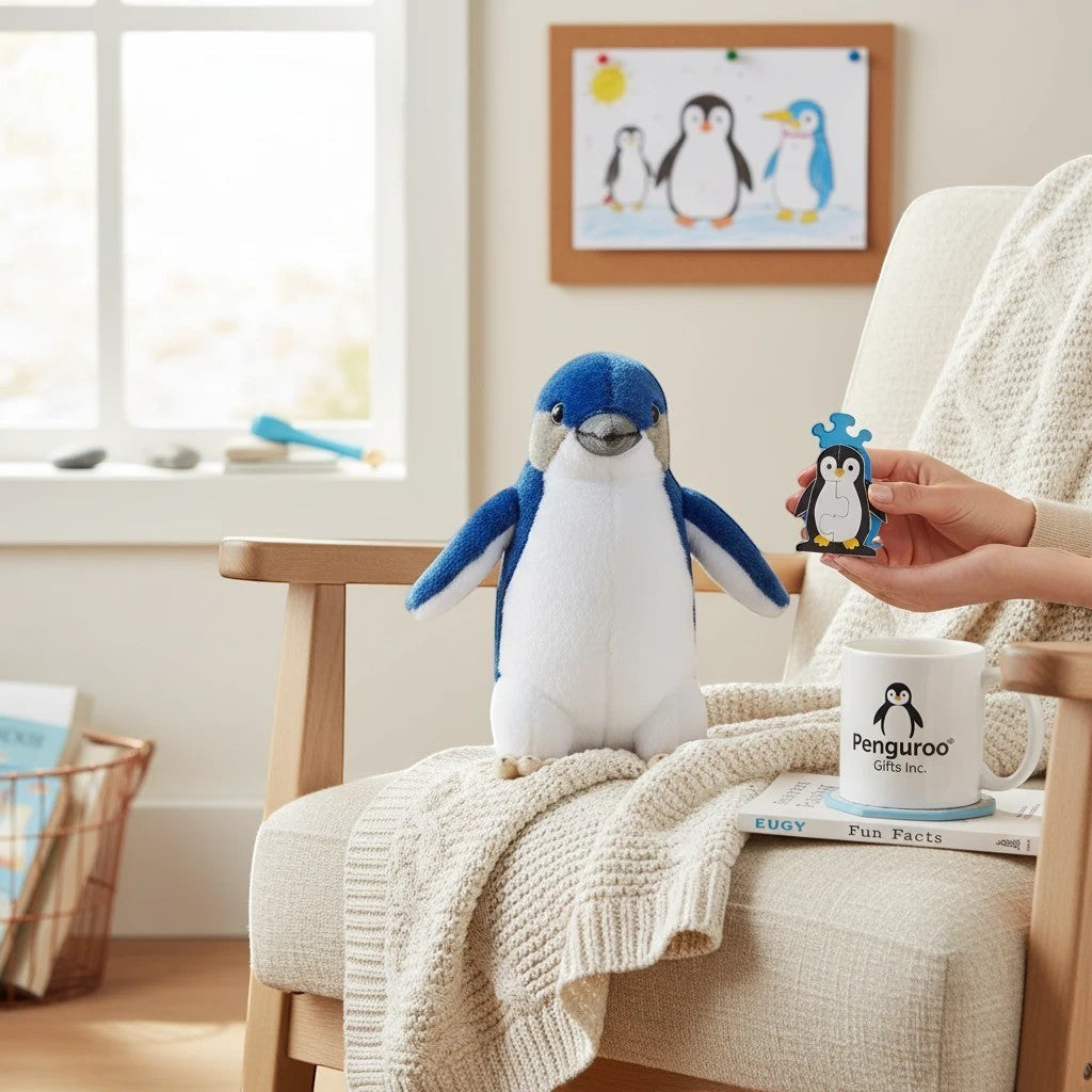 Penguroo Gifts Inc. plush penguin toy with blue and white body, grey beak, and black eyes, sitting on a chair with a mug and puzzle.