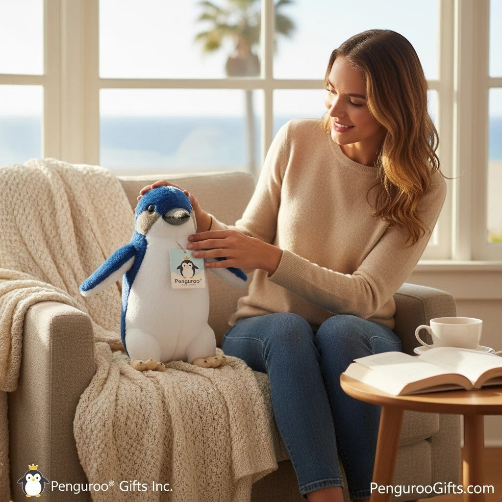 Penguroo® Gifts Inc. plush penguin toy, blue and white with grey beak and black eyes, soft and huggable for children.