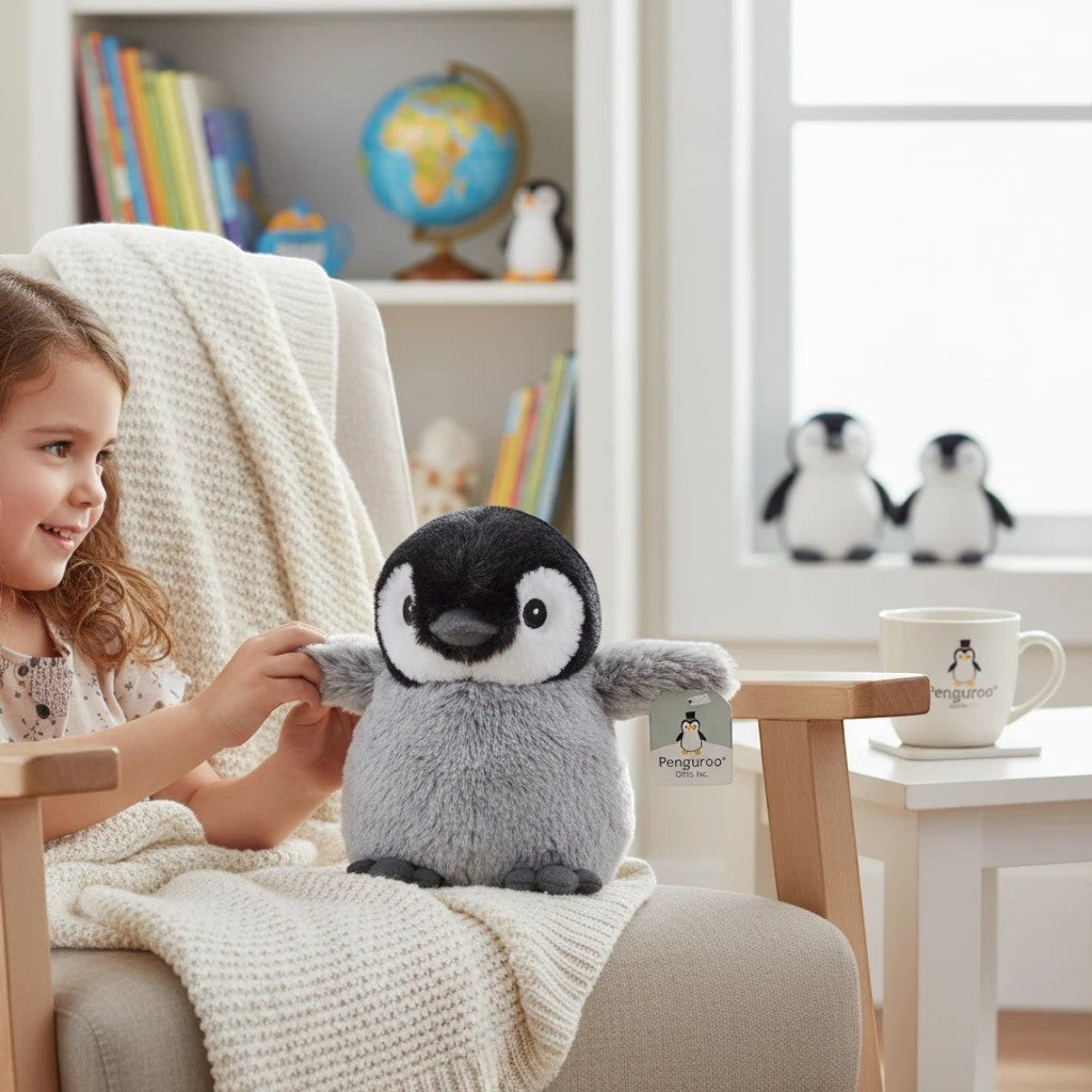 Penguroo® Gifts Inc. plush penguin toy with grey belly and black and white markings, held by a child.