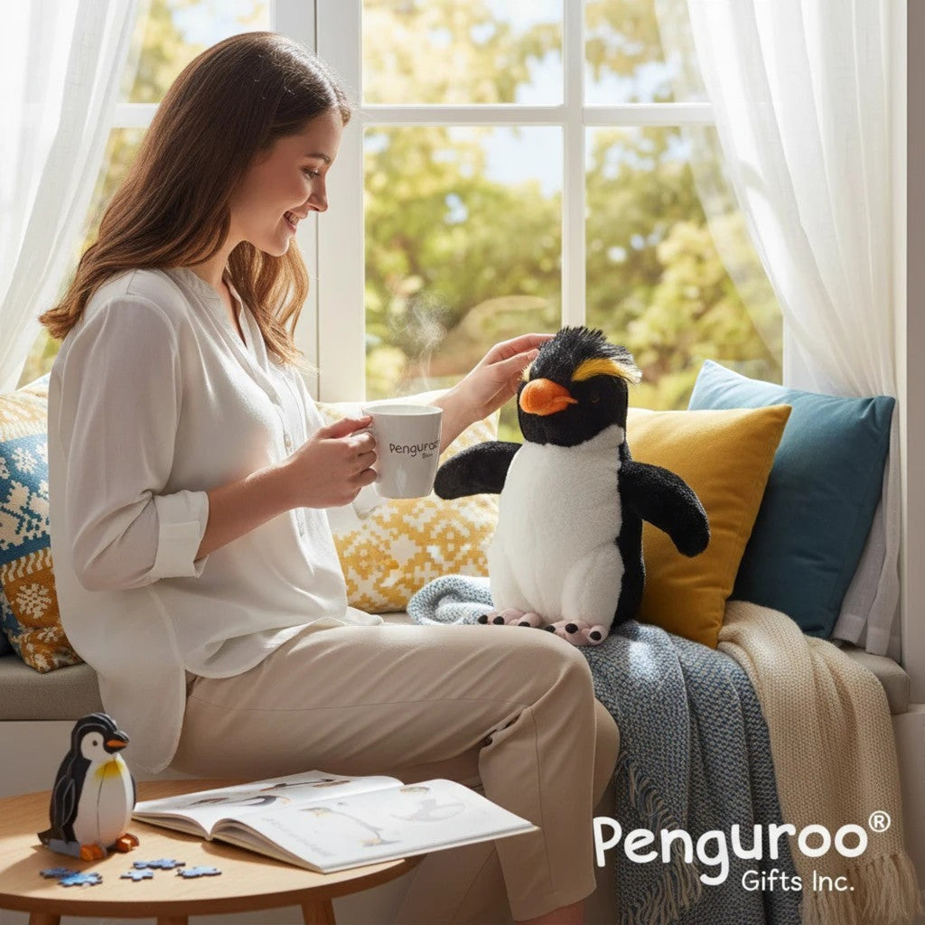Penguroo Gifts Inc. plush penguin toy with yellow crest, orange beak, and pink feet, sitting on a blanket next to a woman holding a mug.
